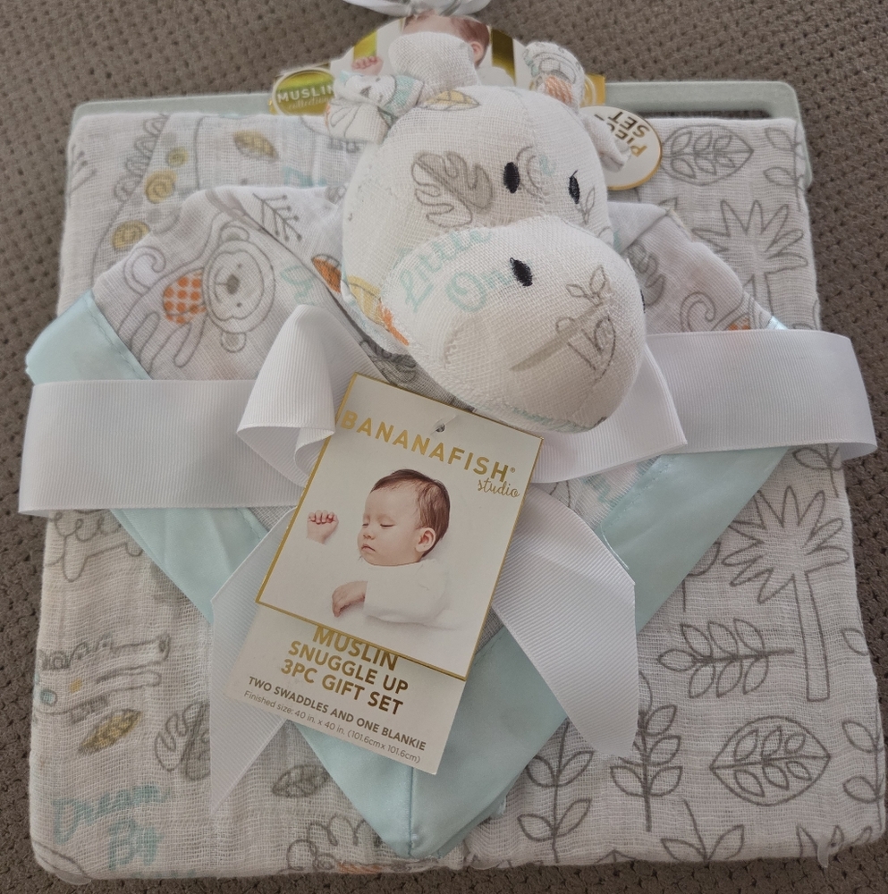 NEW Bananafish Studio Muslin Snuggle UP 3pc Giraffe Blanket Set Safari Aqua Blue
